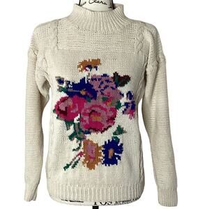 Vintage 1980s Albee Handknit Pullover Sweater Cotton Blend Floral Cottagecore